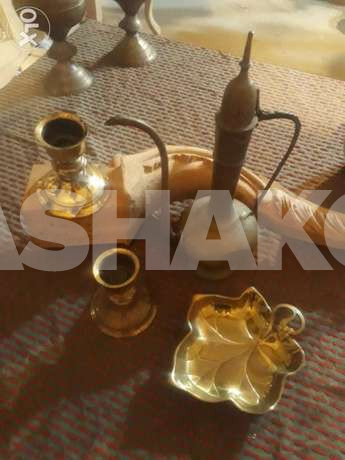 Pot and dish and 2 candle holders copper